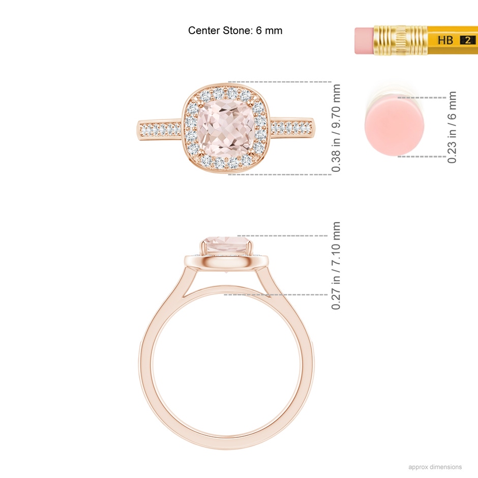 6mm A Classic Cushion Morganite Ring with Diamond Halo in Rose Gold ruler