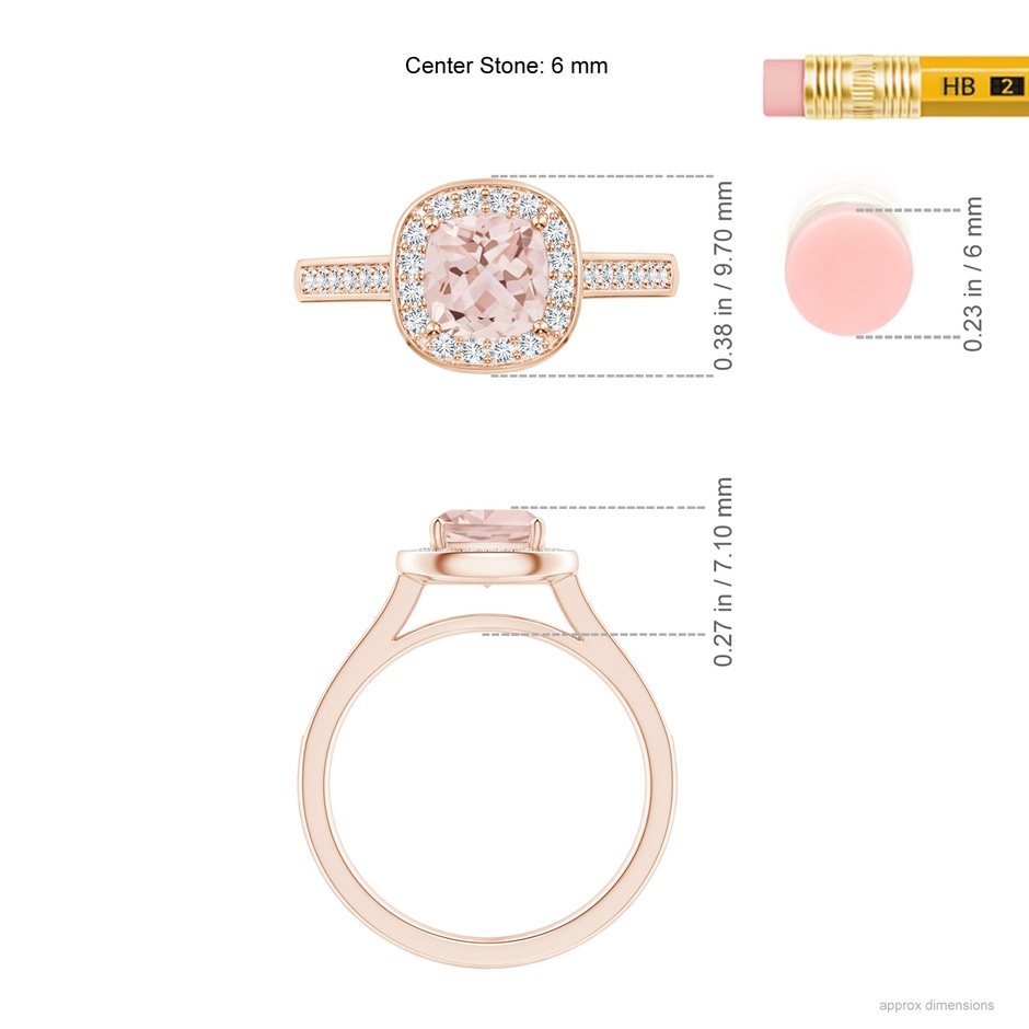 6mm AAA Classic Cushion Morganite Ring with Diamond Halo in Rose Gold ruler