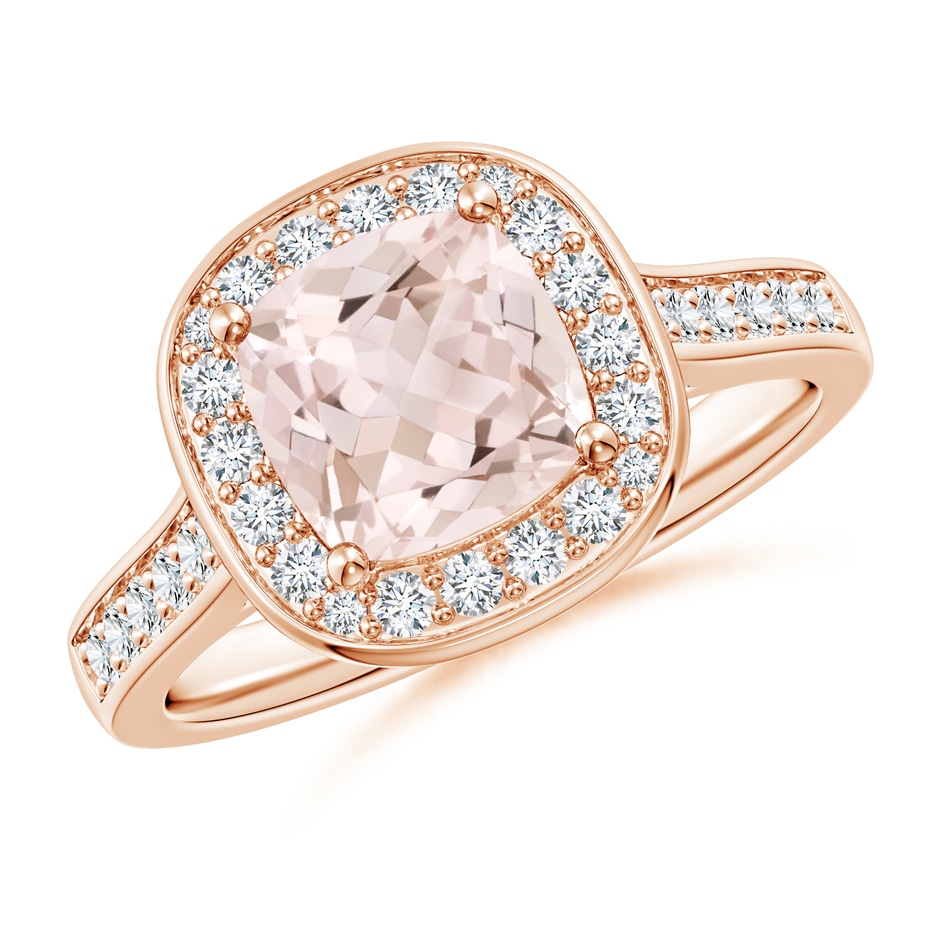 7mm A Classic Cushion Morganite Ring with Diamond Halo in Rose Gold 