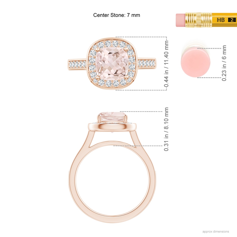 7mm A Classic Cushion Morganite Ring with Diamond Halo in Rose Gold ruler