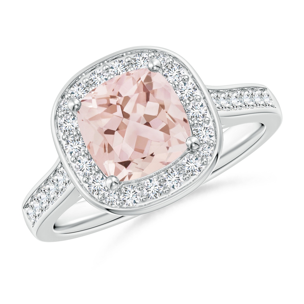 7mm AAA Classic Cushion Morganite Ring with Diamond Halo in White Gold