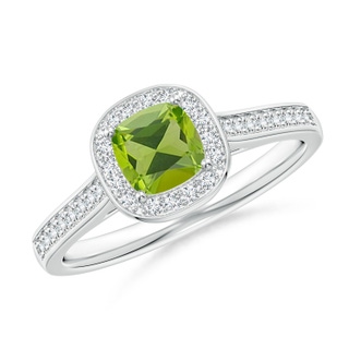 5mm AAA Classic Cushion Peridot Ring with Diamond Halo in White Gold