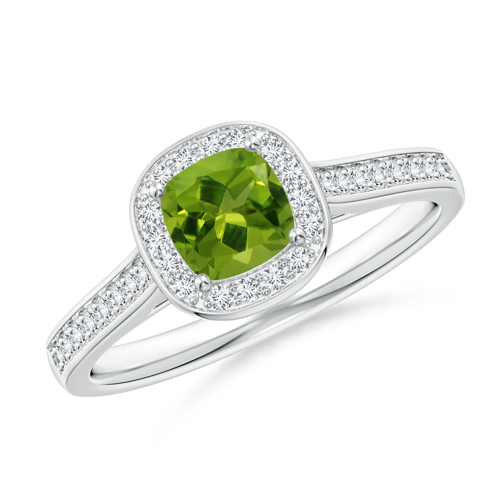 5mm AAAA Classic Cushion Peridot Ring with Diamond Halo in White Gold