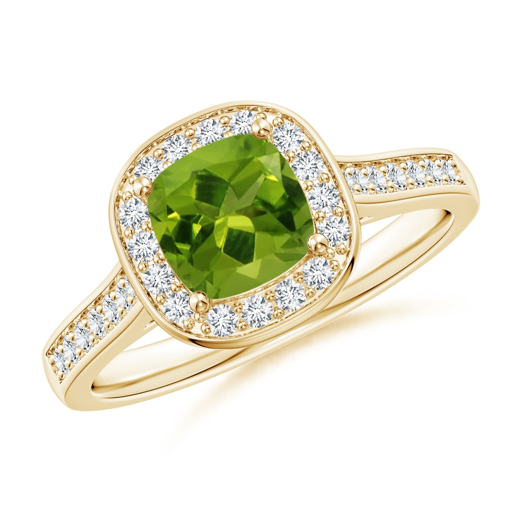 6mm AAAA Classic Cushion Peridot Ring with Diamond Halo in Yellow Gold