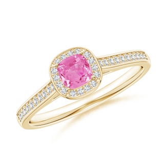 4mm AA Classic Cushion Pink Sapphire Ring with Diamond Halo in Yellow Gold