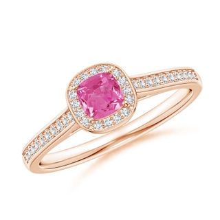 4mm AAA Classic Cushion Pink Sapphire Ring with Diamond Halo in Rose Gold