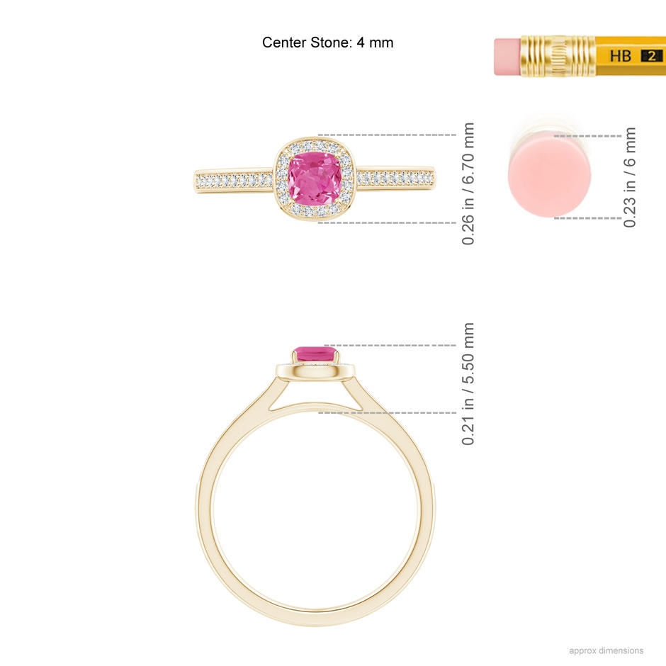 4mm AAA Classic Cushion Pink Sapphire Ring with Diamond Halo in Yellow Gold ruler