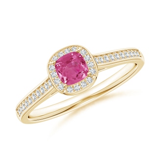 4mm AAAA Classic Cushion Pink Sapphire Ring with Diamond Halo in Yellow Gold