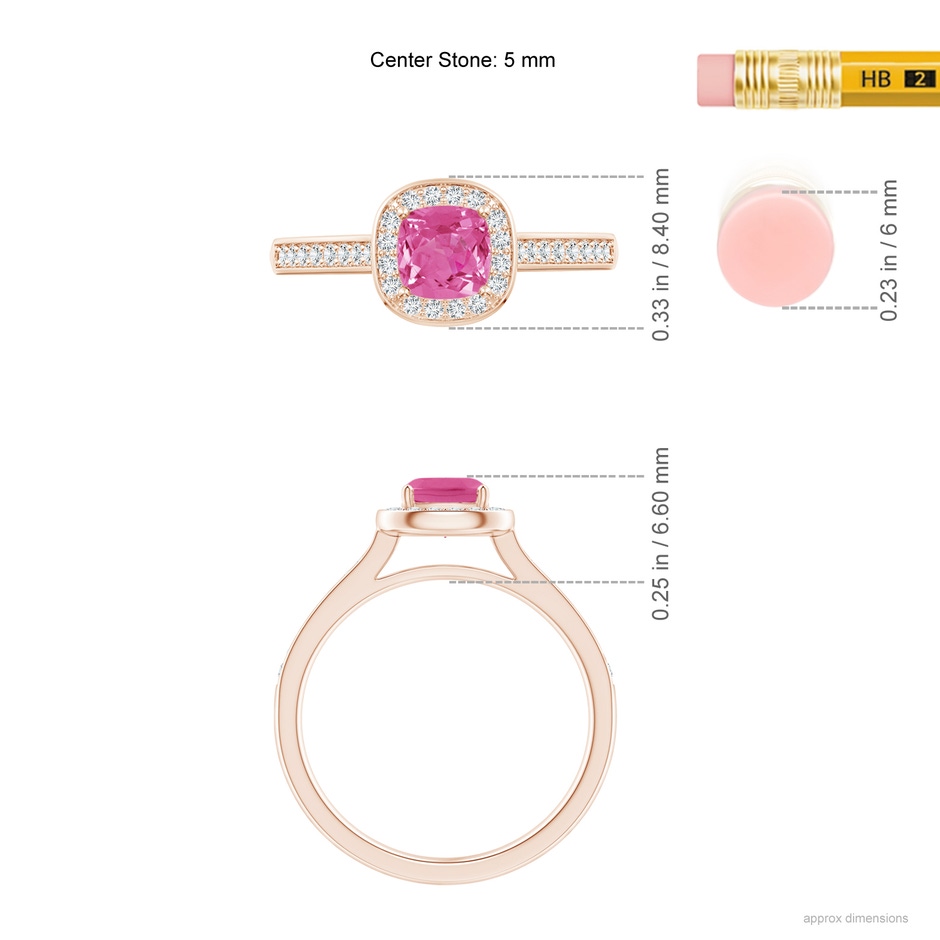5mm AAA Classic Cushion Pink Sapphire Ring with Diamond Halo in Rose Gold ruler