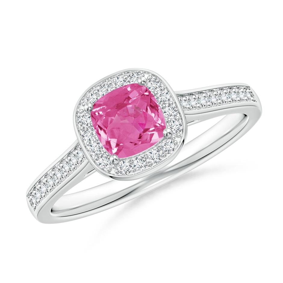 5mm AAA Classic Cushion Pink Sapphire Ring with Diamond Halo in White Gold 