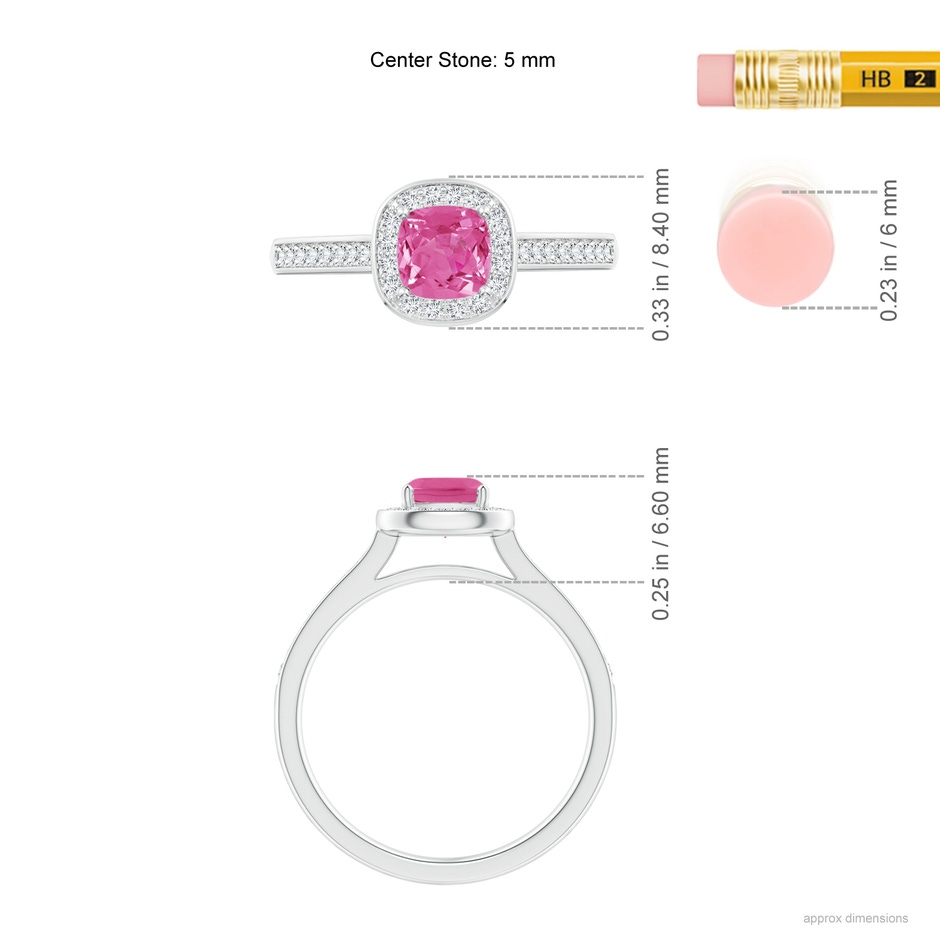 5mm AAA Classic Cushion Pink Sapphire Ring with Diamond Halo in White Gold ruler