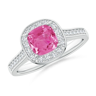 6mm AAA Classic Cushion Pink Sapphire Ring with Diamond Halo in White Gold