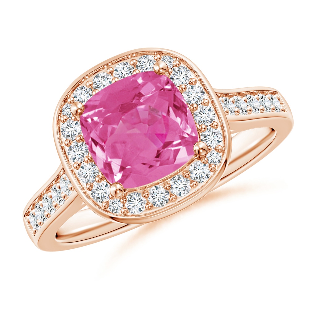 7mm AAA Classic Cushion Pink Sapphire Ring with Diamond Halo in Rose Gold
