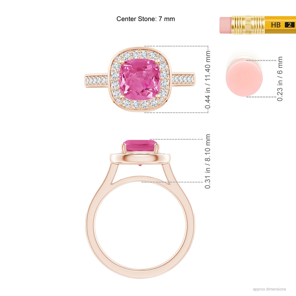 7mm AAA Classic Cushion Pink Sapphire Ring with Diamond Halo in Rose Gold Ruler