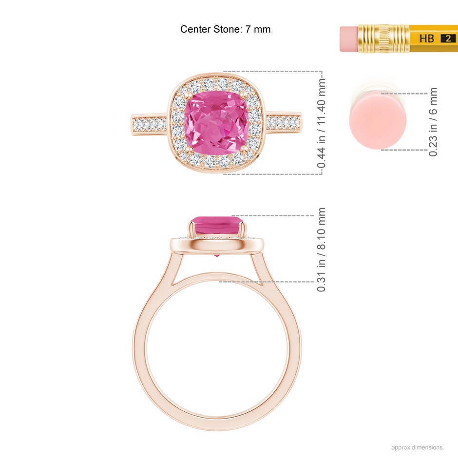 7mm AAA Classic Cushion Pink Sapphire Ring with Diamond Halo in Rose Gold ruler