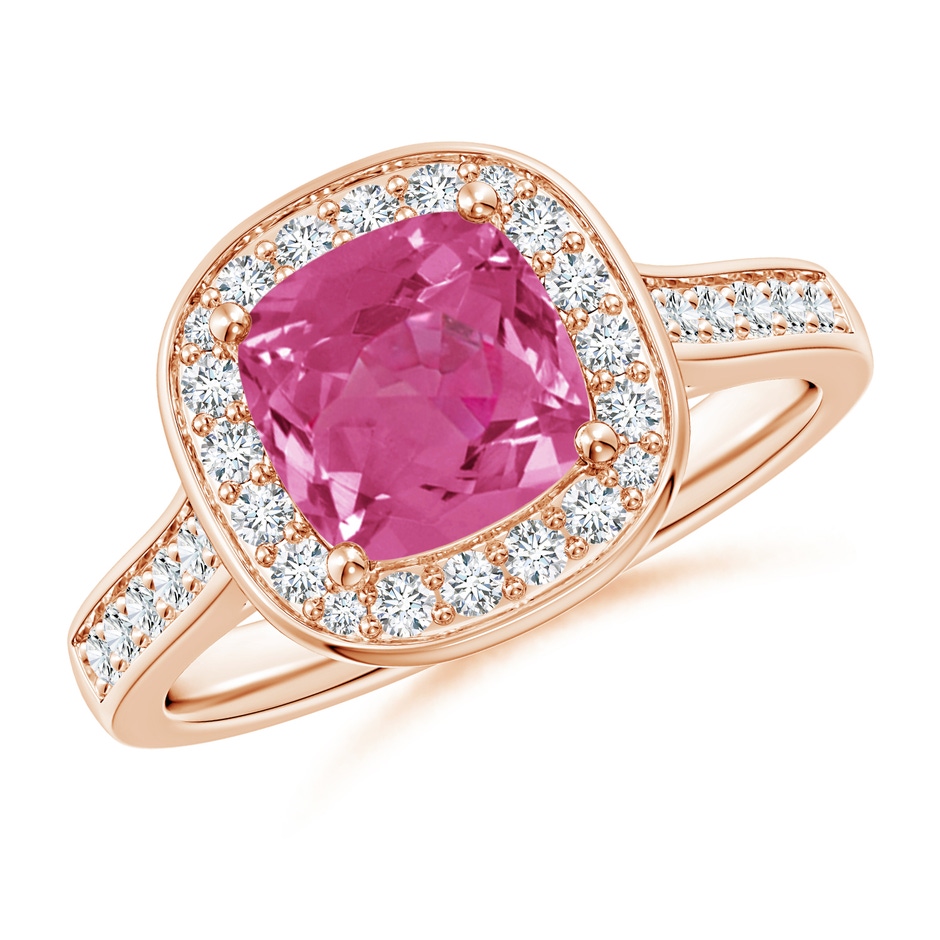 7mm AAAA Classic Cushion Pink Sapphire Ring with Diamond Halo in Rose Gold 