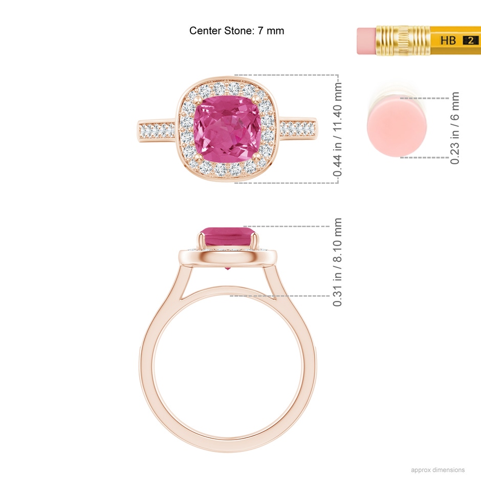 7mm AAAA Classic Cushion Pink Sapphire Ring with Diamond Halo in Rose Gold ruler