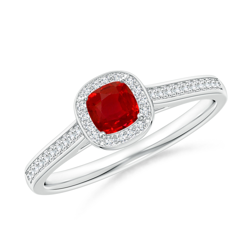 4mm AAA Classic Cushion Ruby Ring with Diamond Halo in White Gold