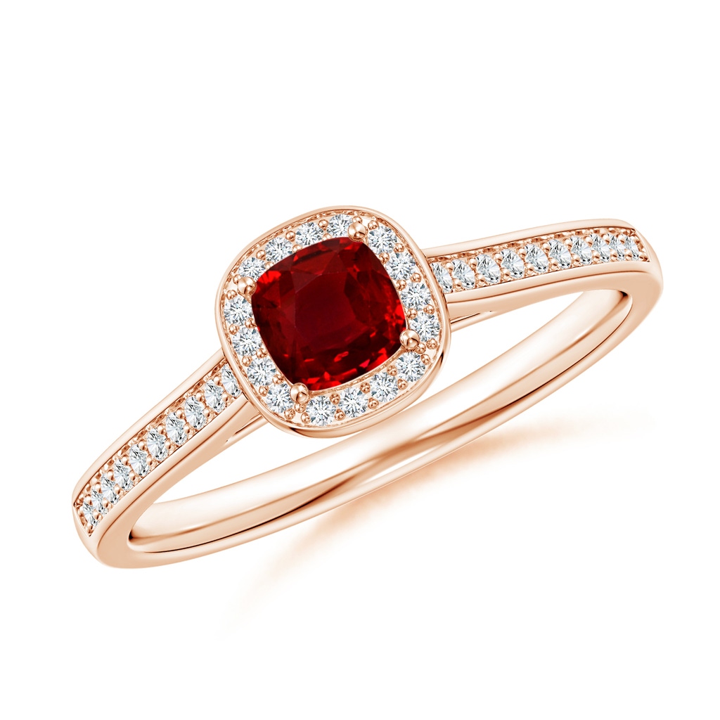 4mm AAAA Classic Cushion Ruby Ring with Diamond Halo in Rose Gold