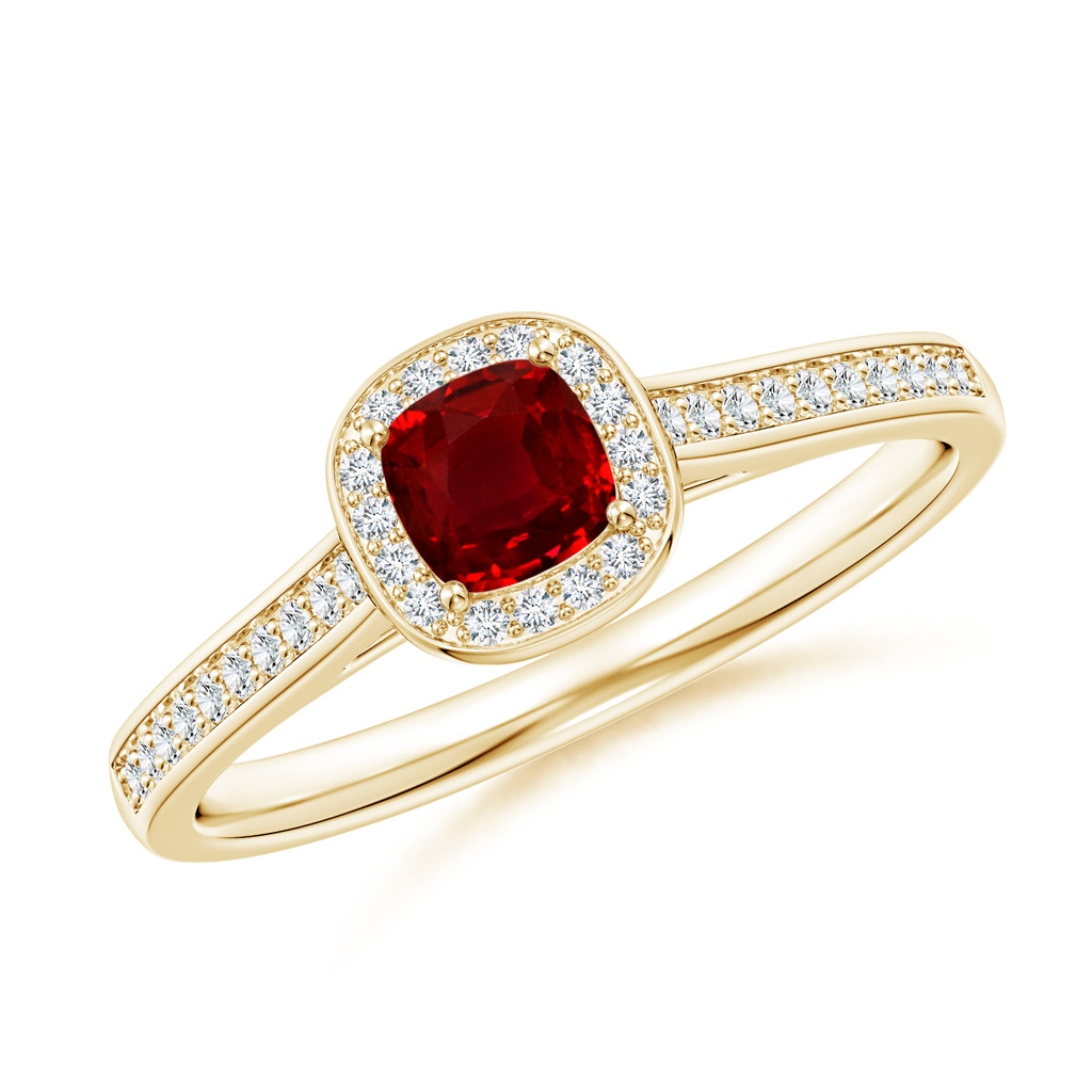 4mm AAAA Classic Cushion Ruby Ring with Diamond Halo in Yellow Gold 