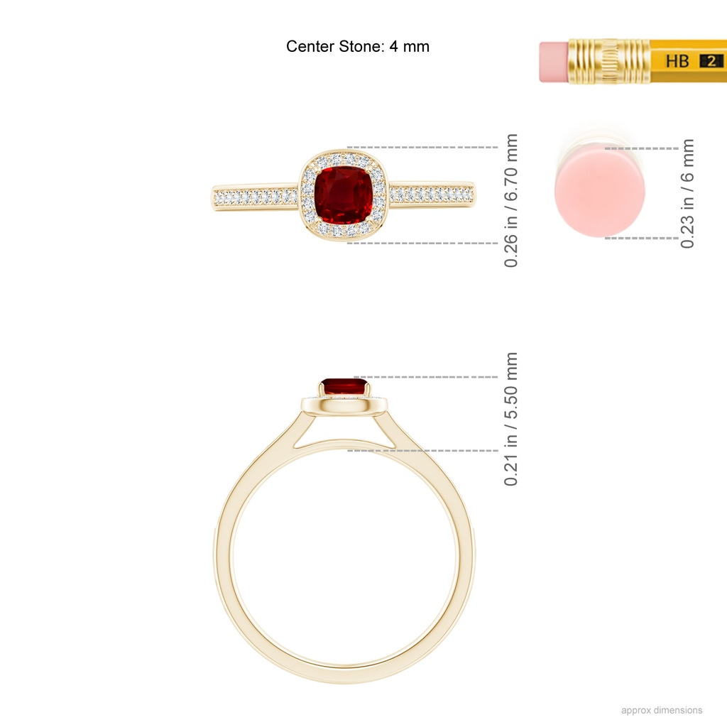 4mm AAAA Classic Cushion Ruby Ring with Diamond Halo in Yellow Gold Ruler