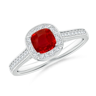 5mm AAA Classic Cushion Ruby Ring with Diamond Halo in White Gold