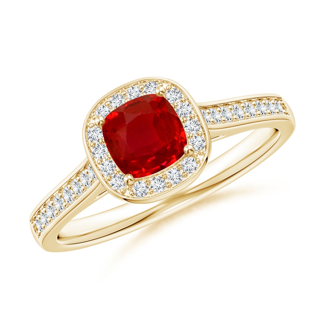5mm AAA Classic Cushion Ruby Ring with Diamond Halo in Yellow Gold