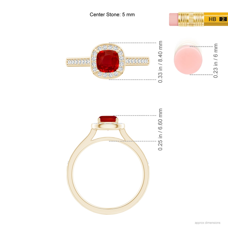 5mm AAA Classic Cushion Ruby Ring with Diamond Halo in Yellow Gold ruler