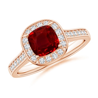 6mm AAAA Classic Cushion Ruby Ring with Diamond Halo in Rose Gold