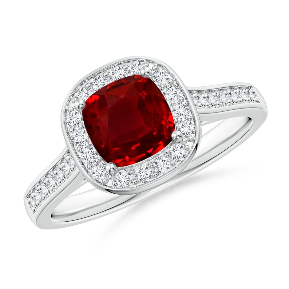 6mm AAAA Classic Cushion Ruby Ring with Diamond Halo in White Gold 