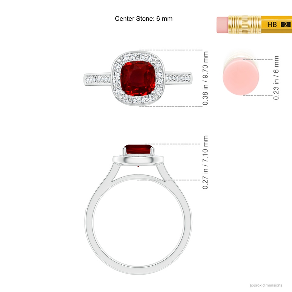 6mm AAAA Classic Cushion Ruby Ring with Diamond Halo in White Gold ruler