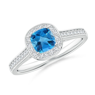 5mm AAAA Classic Cushion Swiss Blue Topaz Ring with Diamond Halo in White Gold