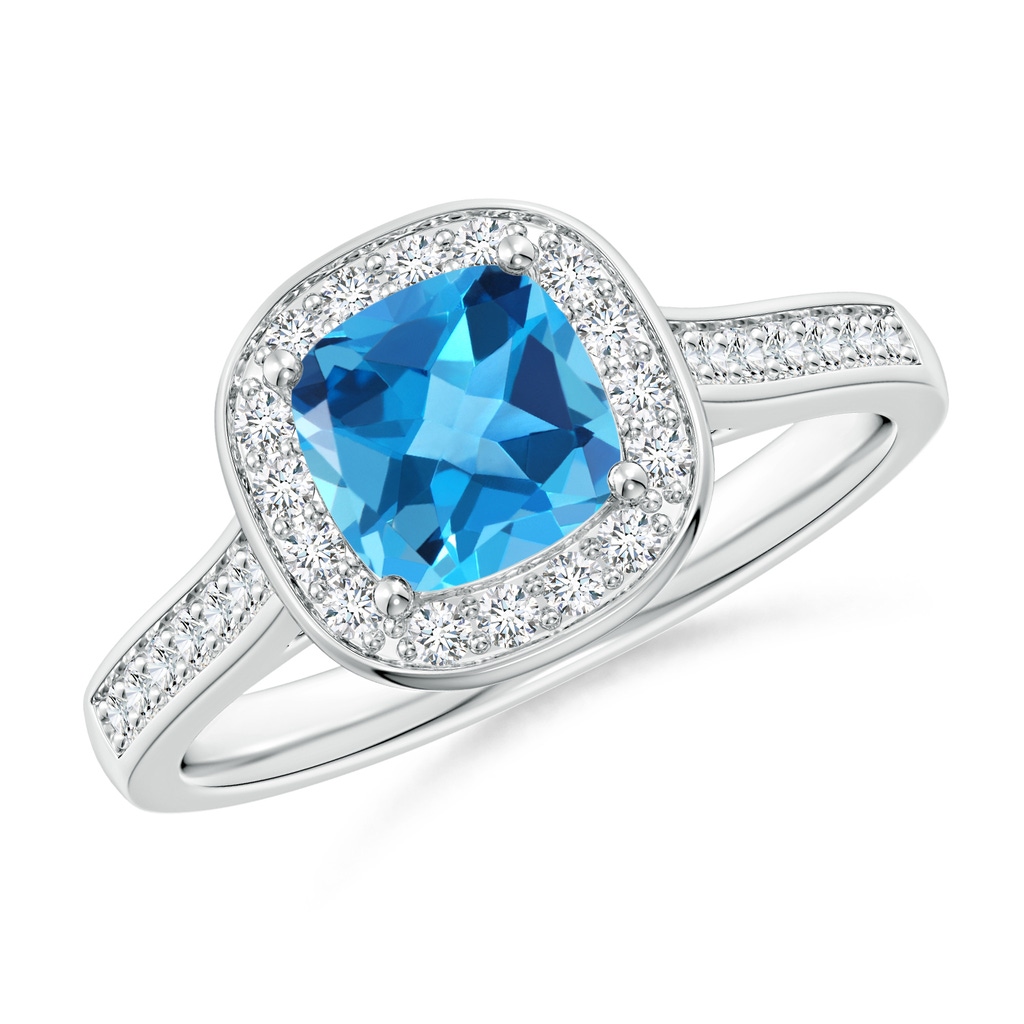 6mm AAA Classic Cushion Swiss Blue Topaz Ring with Diamond Halo in 9K White Gold
