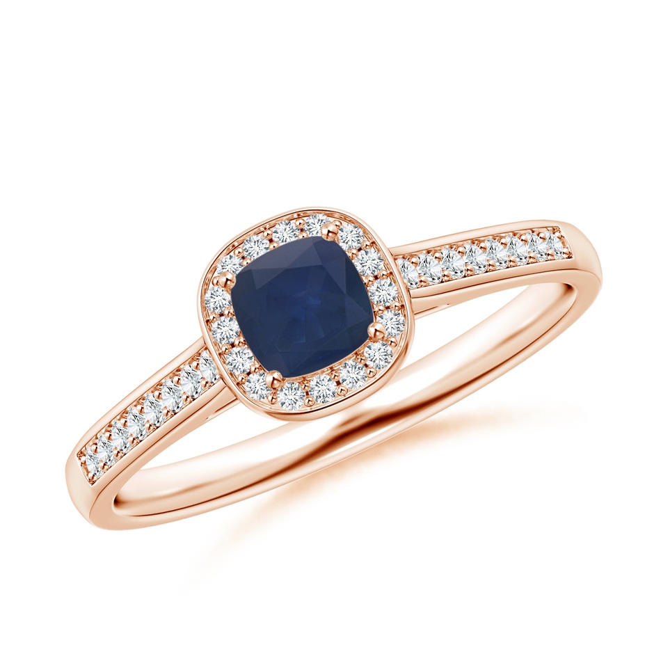 4mm A Classic Cushion Blue Sapphire Ring with Diamond Halo in Rose Gold 