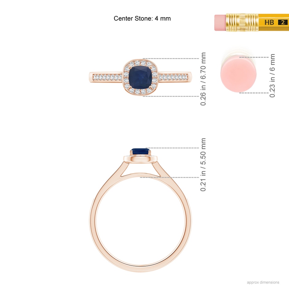 4mm A Classic Cushion Blue Sapphire Ring with Diamond Halo in Rose Gold ruler