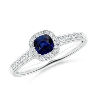 4mm AAA Classic Cushion Blue Sapphire Ring with Diamond Halo in White Gold
