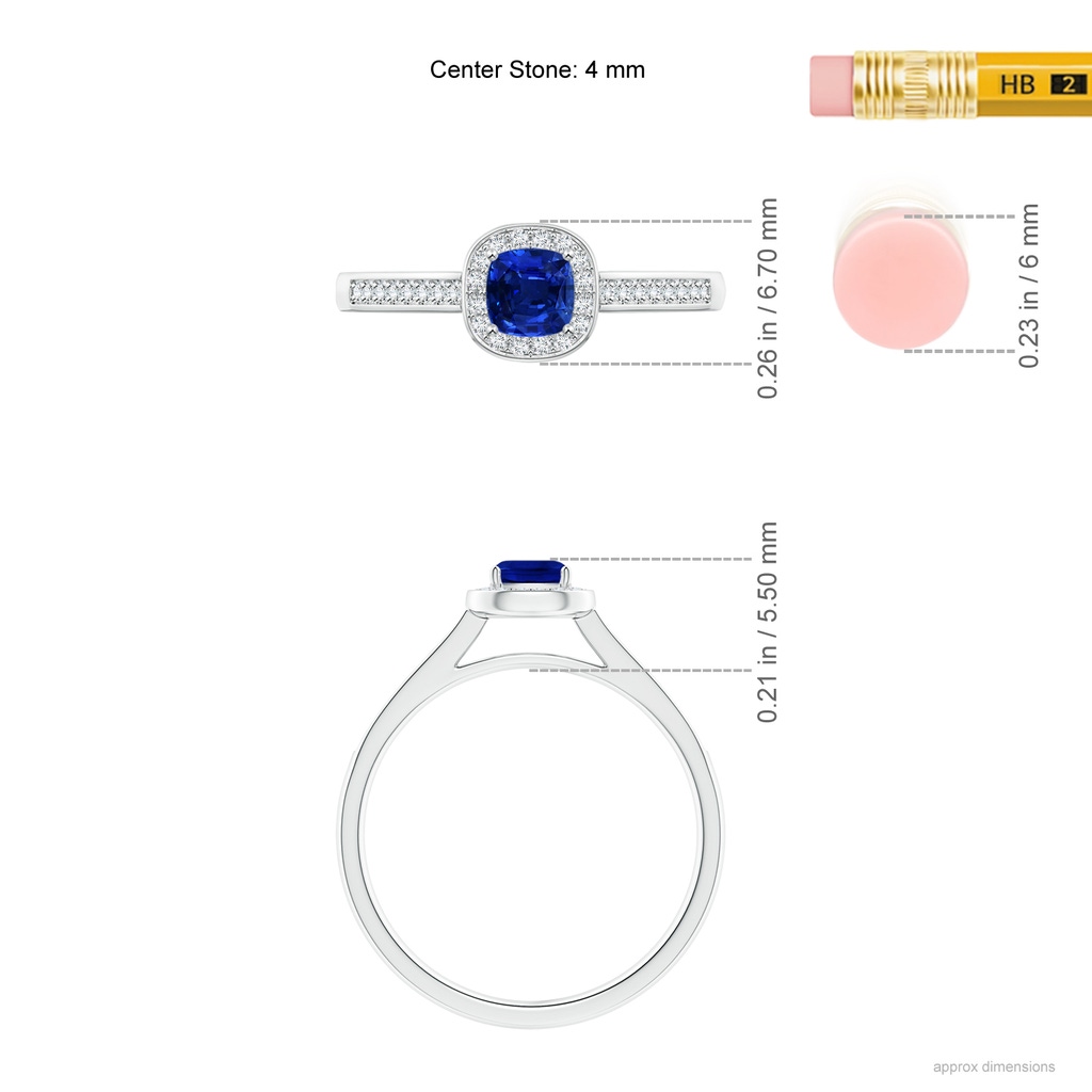 4mm AAAA Classic Cushion Blue Sapphire Ring with Diamond Halo in White Gold Ruler