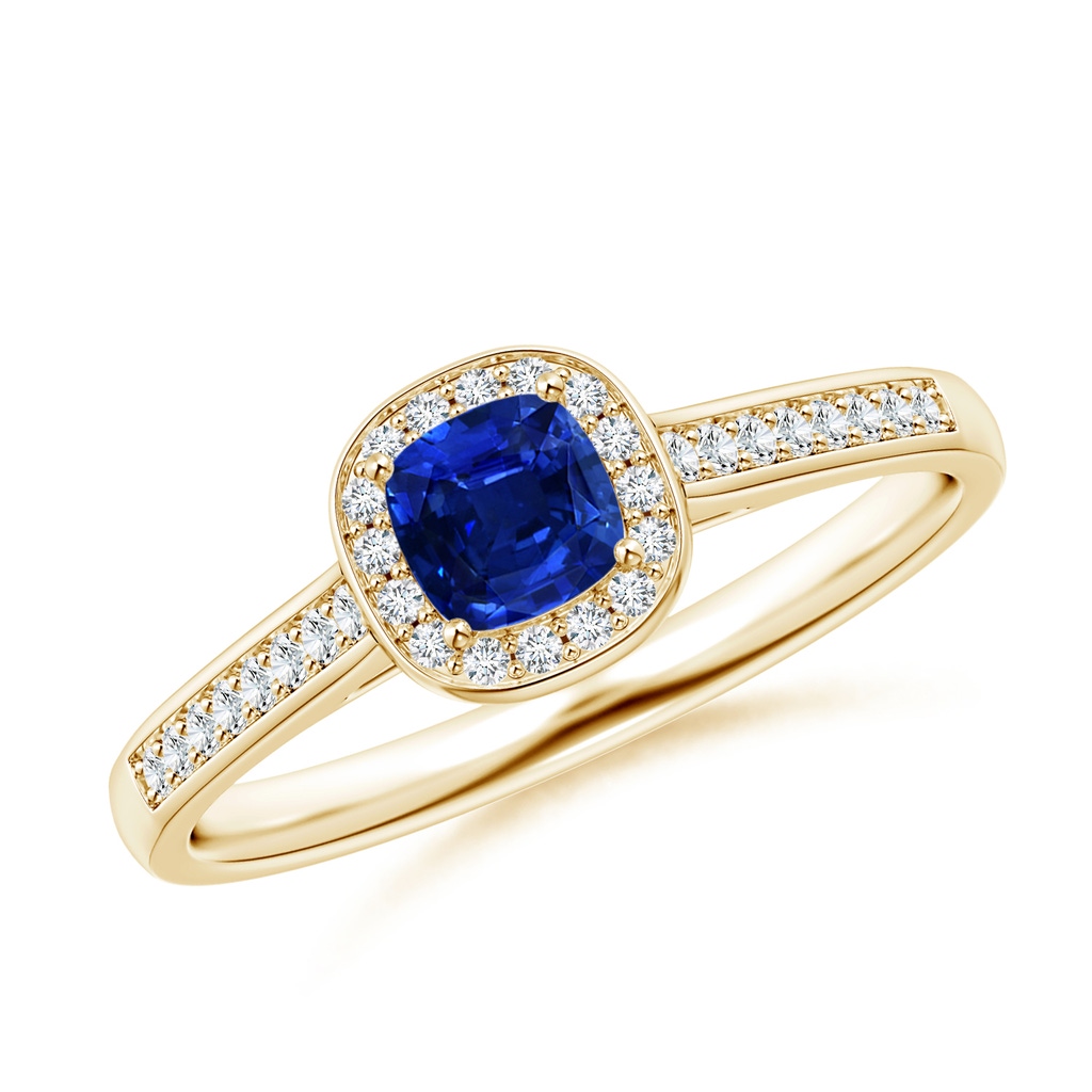 4mm AAAA Classic Cushion Blue Sapphire Ring with Diamond Halo in Yellow Gold