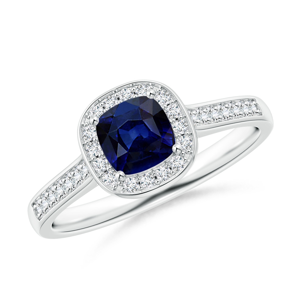 5mm AAA Classic Cushion Blue Sapphire Ring with Diamond Halo in White Gold 