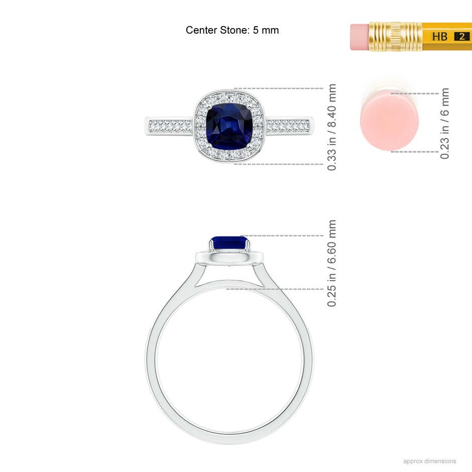 5mm AAA Classic Cushion Blue Sapphire Ring with Diamond Halo in White Gold ruler