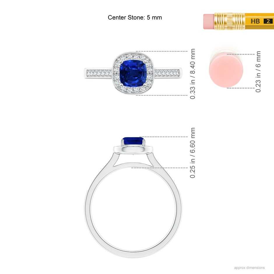 5mm AAAA Classic Cushion Blue Sapphire Ring with Diamond Halo in P950 Platinum ruler