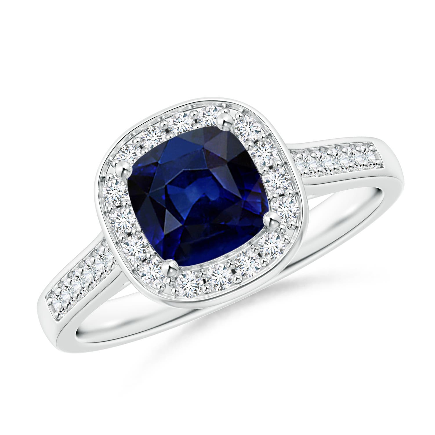 Classic Cushion Blue Sapphire Ring with Diamond Halo | Angara