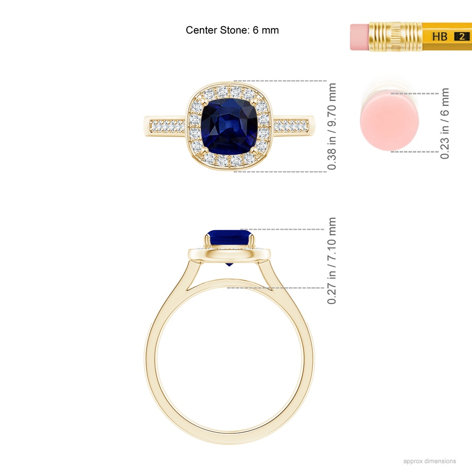 6mm AAA Classic Cushion Blue Sapphire Ring with Diamond Halo in Yellow Gold ruler