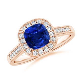 6mm AAAA Classic Cushion Blue Sapphire Ring with Diamond Halo in Rose Gold