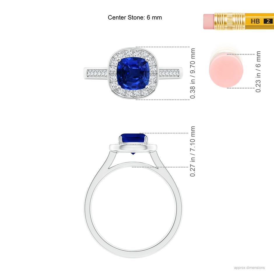 6mm AAAA Classic Cushion Blue Sapphire Ring with Diamond Halo in White Gold ruler