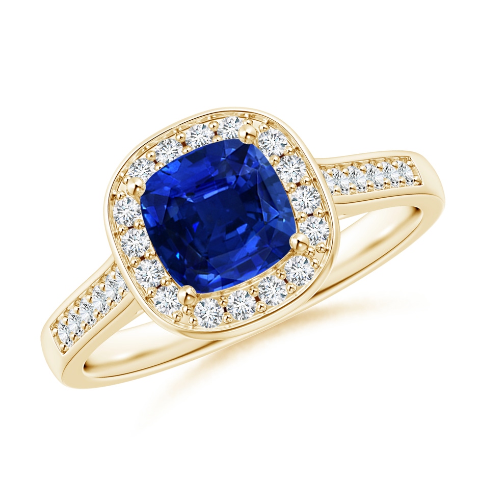 6mm AAAA Classic Cushion Blue Sapphire Ring with Diamond Halo in Yellow Gold 