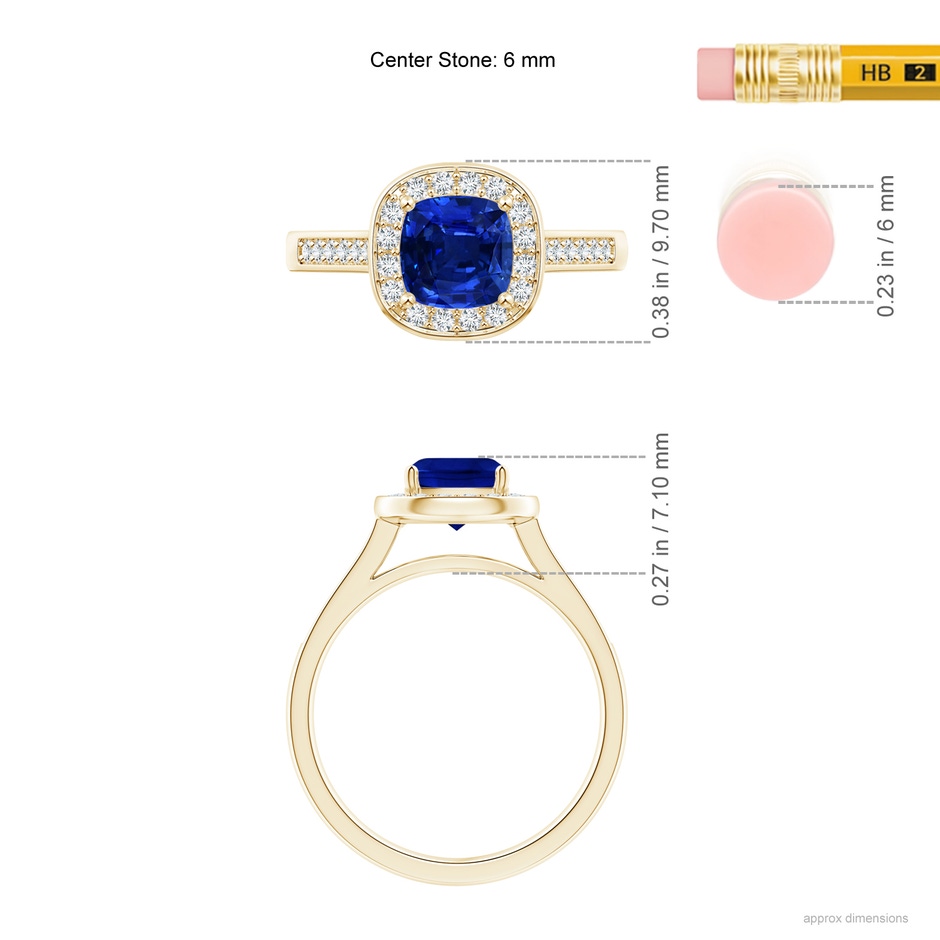 6mm AAAA Classic Cushion Blue Sapphire Ring with Diamond Halo in Yellow Gold ruler