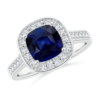 7mm AAA Classic Cushion Blue Sapphire Ring with Diamond Halo in White Gold