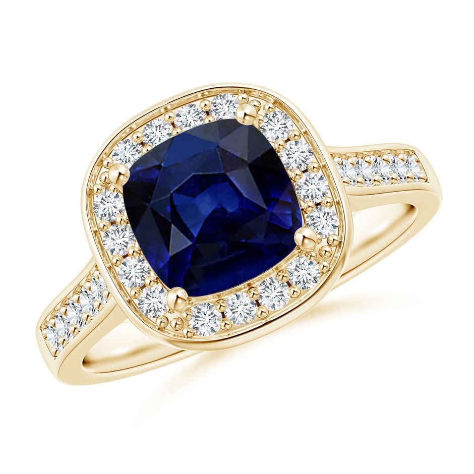 7mm AAA Classic Cushion Blue Sapphire Ring with Diamond Halo in Yellow Gold 