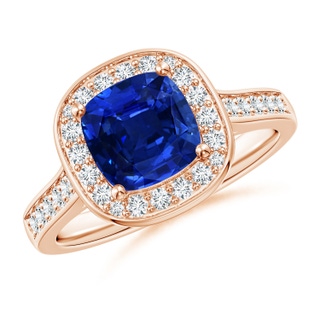 7mm AAAA Classic Cushion Blue Sapphire Ring with Diamond Halo in 9K Rose Gold